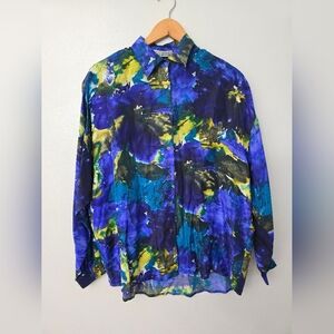 COMPAGNIE INTERNATIONALE EXPRESS PURPLE BLUE WATERCOLOR SILK ARTSY SZ M